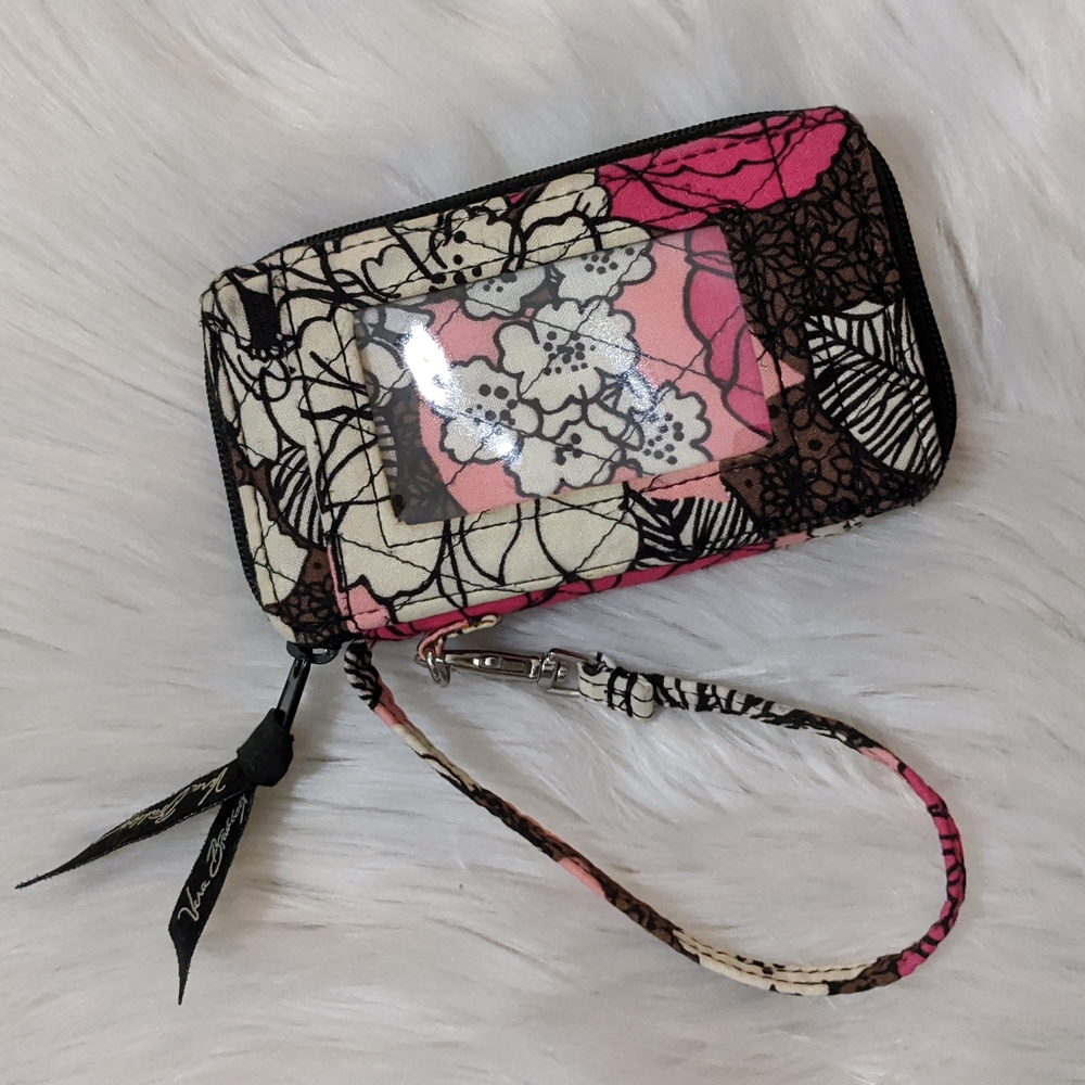 Vera Bradley Mocha Rouge pink, brown, and cream flower pattern wallet wristlet